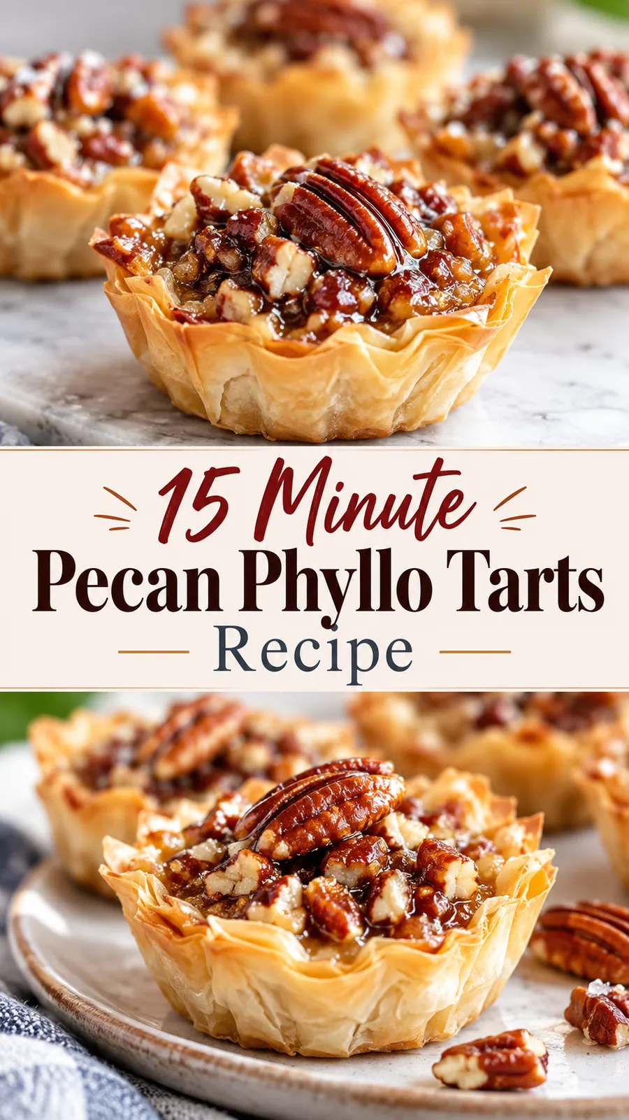 Pinterest image for 15 Minute Pecan Phyllo Tarts Recipe, with two photos of the recipe