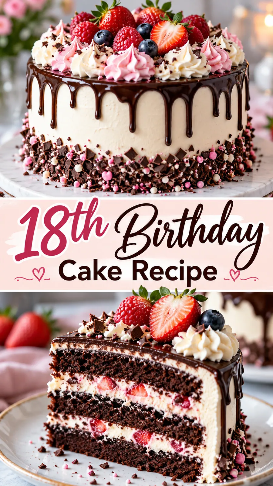 Pinterest image for 18Th Birthday Cake Recipe, with two photos of the recipe