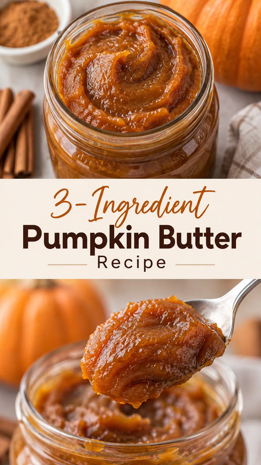 Pinterest image for 3-Ingredient Pumpkin Butter Recipe, with two photos of the recipe