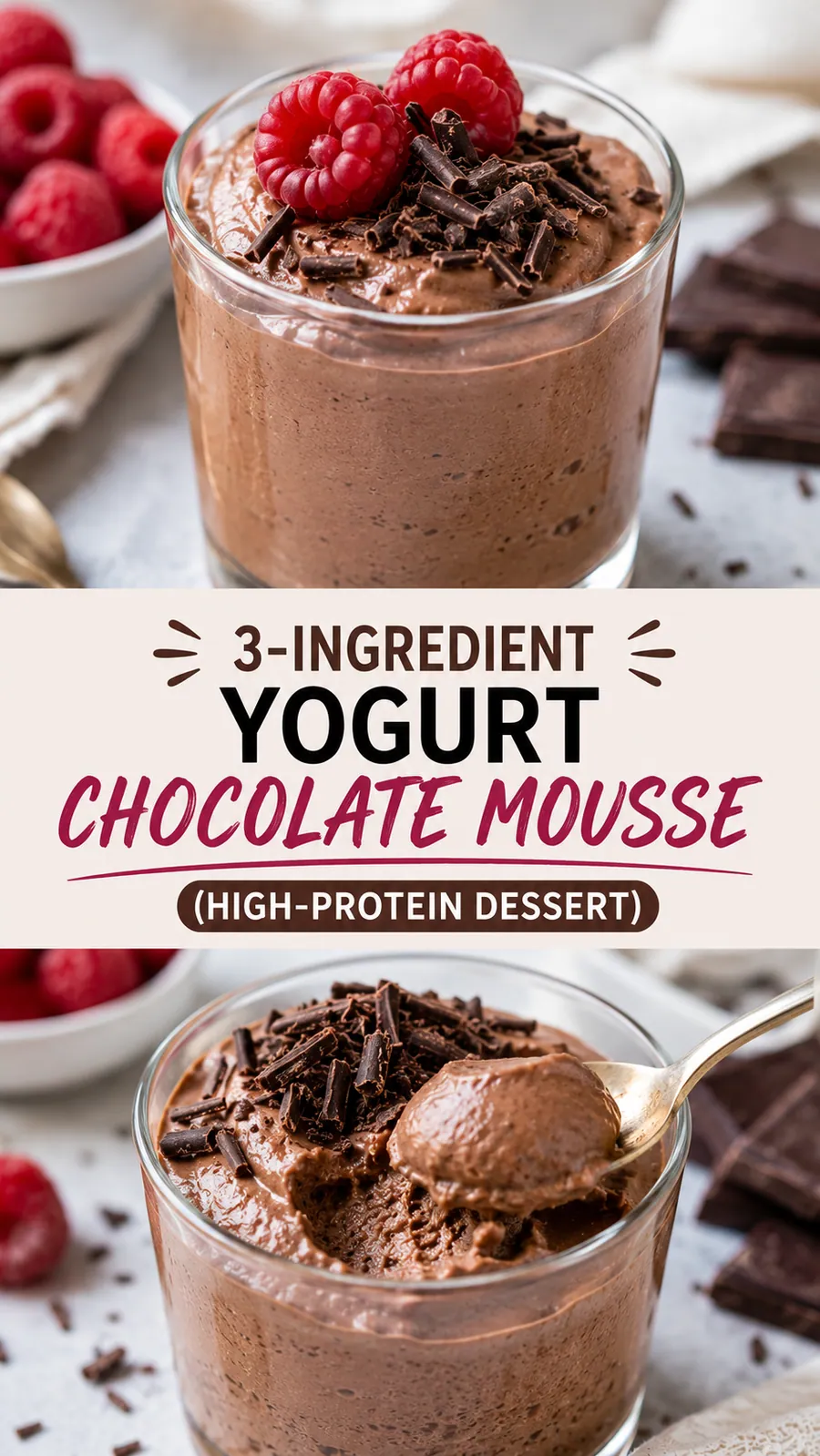 Pinterest image for 3-Ingredient Yogurt Chocolate Mousse (High-Protein Dessert), with two photos of the recipe