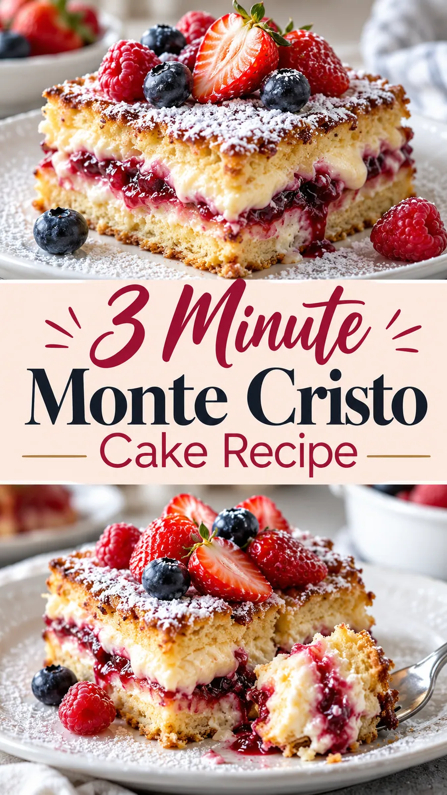 Pinterest image for 3 Minute Monte Cristo Cake Recipe, with two photos of the recipe