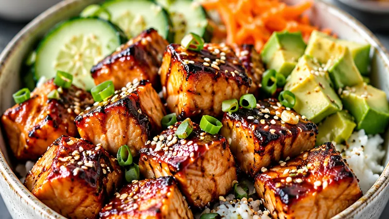 Air Fried Teriyaki Salmon Bites Rice Bowl Recipe