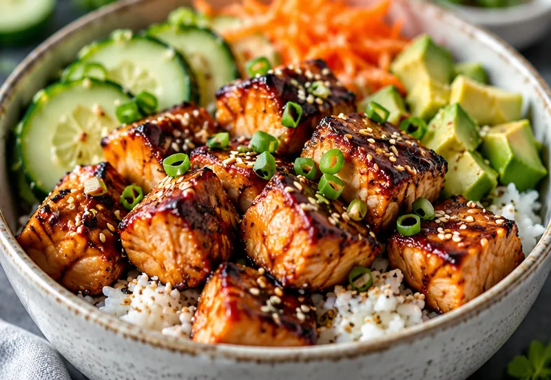 Air Fried Teriyaki Salmon Bites Rice Bowl Recipe, ready to serve