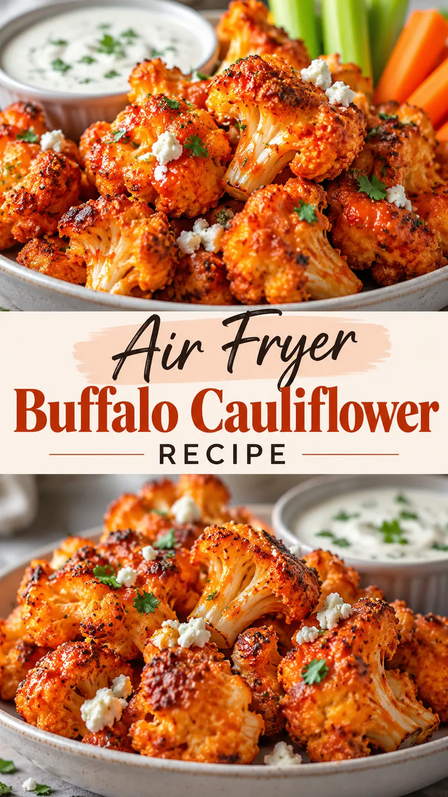 Pinterest image for Air Fryer Buffalo Cauliflower Recipe, with two photos of the recipe