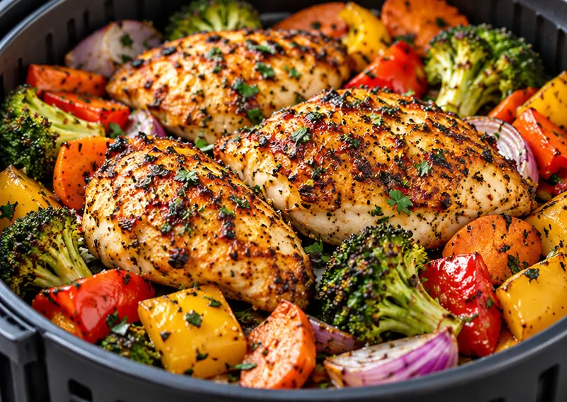 Air Fryer Chicken and Vegetables, ready to serve