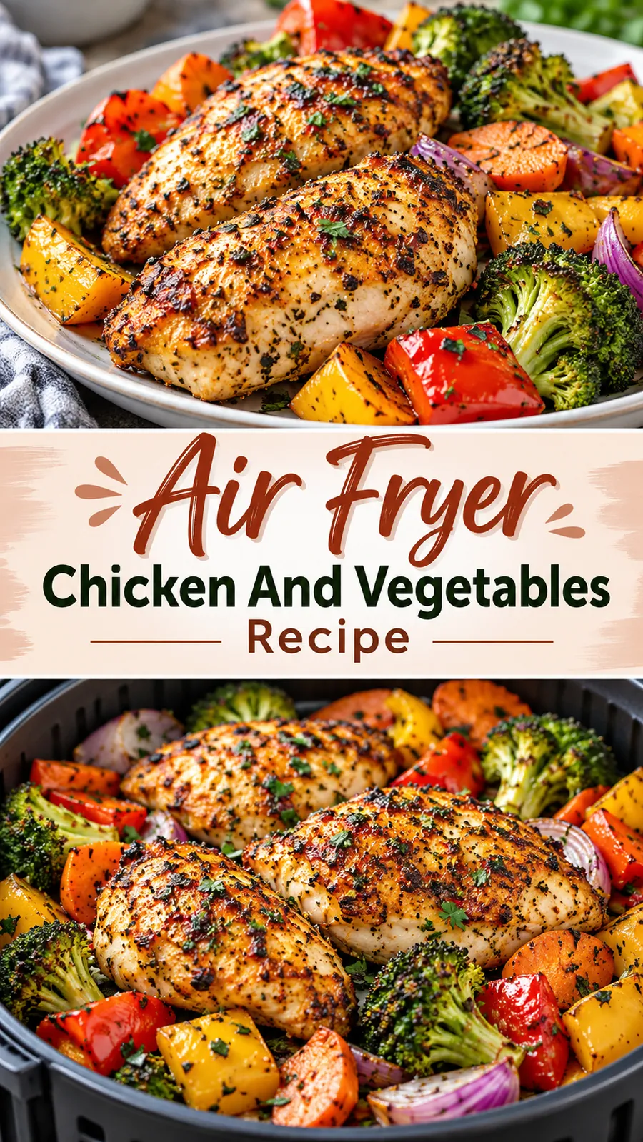 Pinterest image for Air Fryer Chicken And Vegetables Recipe, with two photos of the recipe
