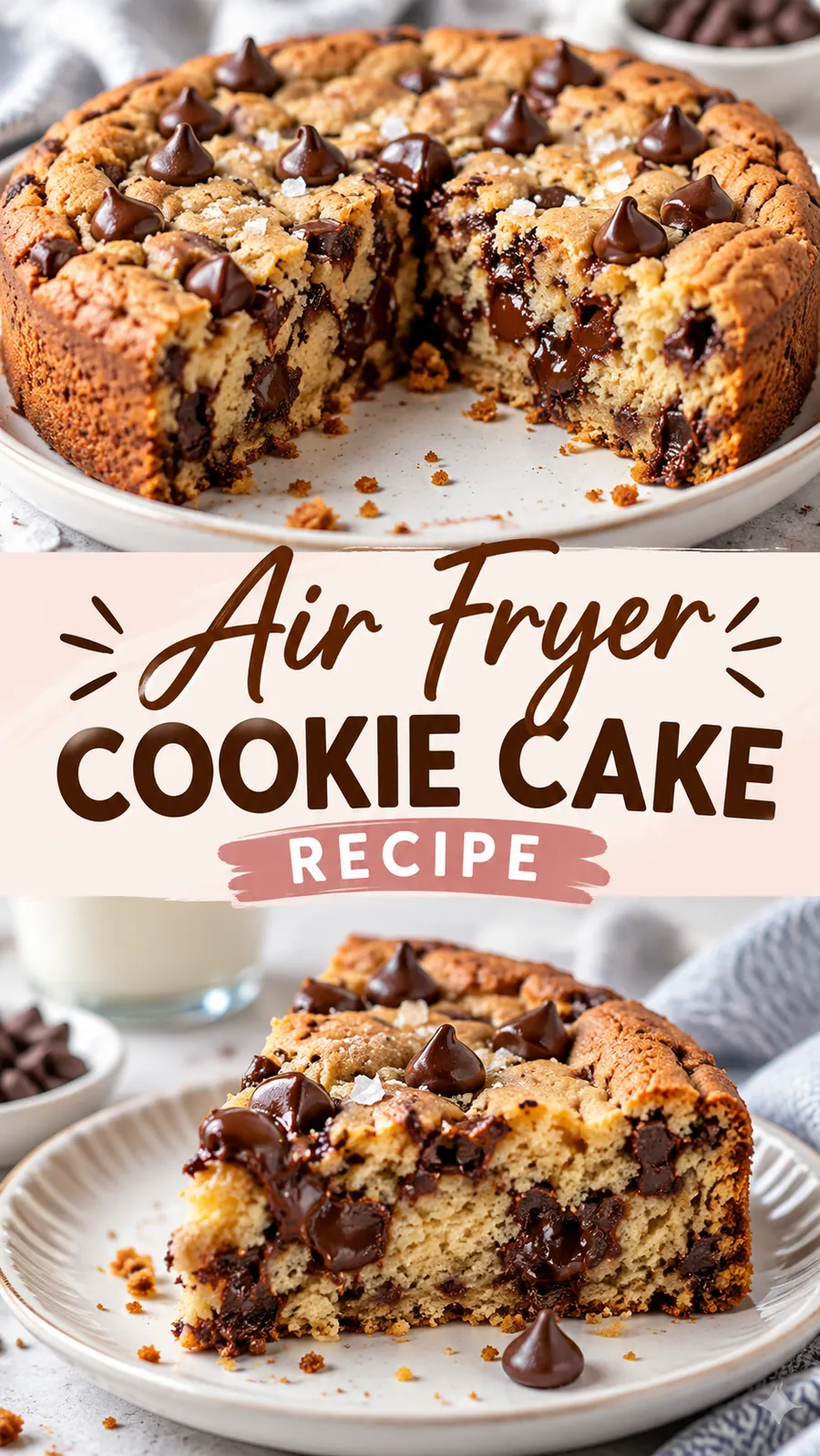 Pinterest image for Air Fryer Cookie Cake Recipe, with two photos of the recipe