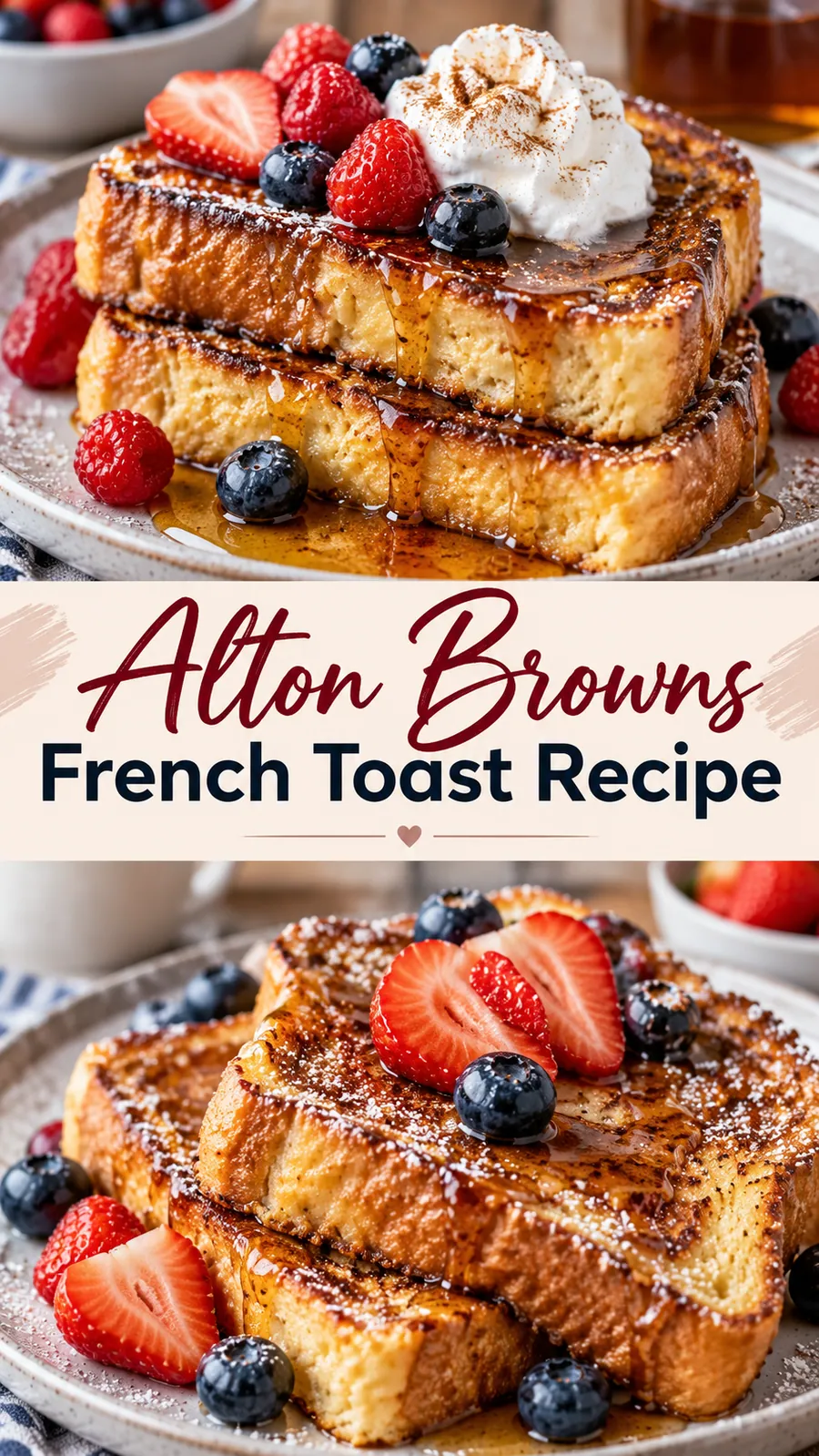 Pinterest image for Alton Brown's French Toast Recipe, with two photos of the recipe