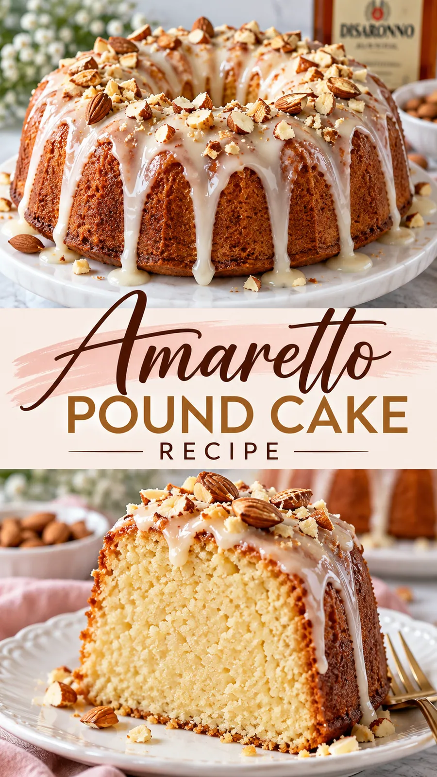 Pinterest image for Amaretto Pound Cake Recipe, with two photos of the recipe