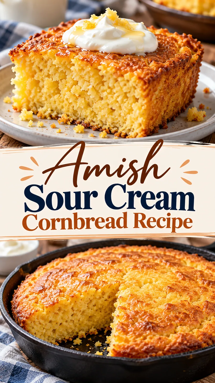 Pinterest image for Amish Sour Cream Cornbread Recipe, with two photos of the recipe