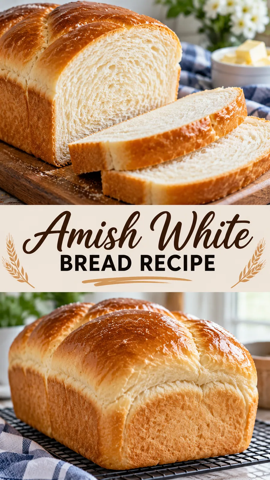 Pinterest image for Amish White Bread Recipe, with two photos of the recipe