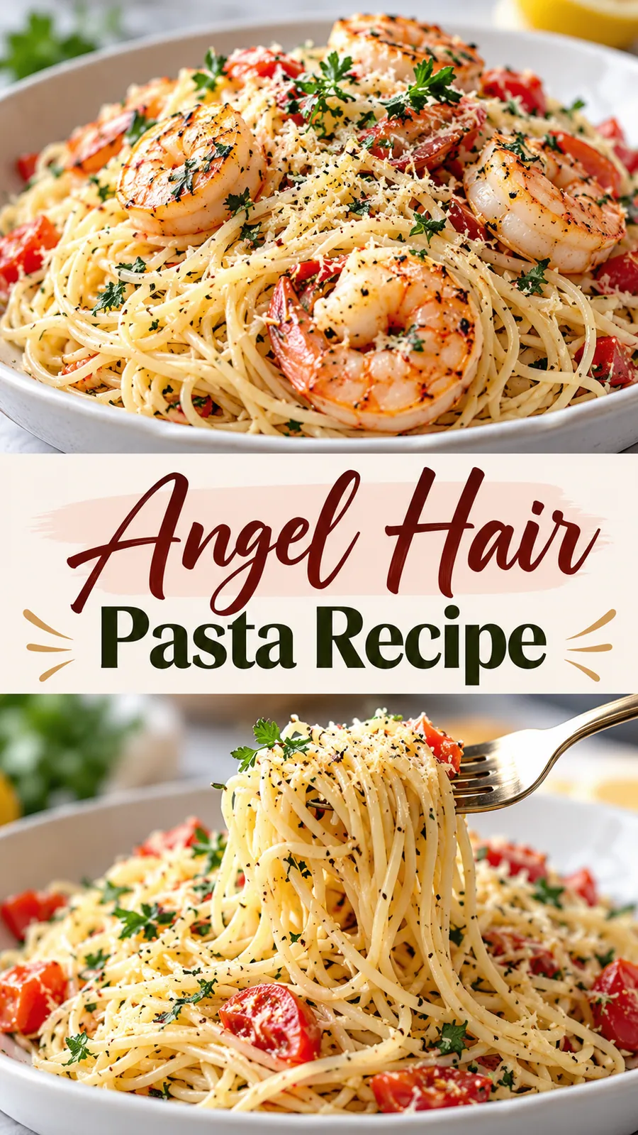 Pinterest image for Angel Hair Pasta Recipe, with two photos of the recipe