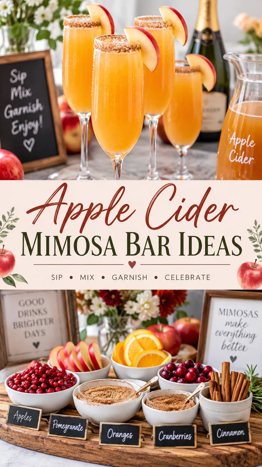 Pinterest image for Apple Cider Mimosa Bar Ideas, with two photos of the recipe