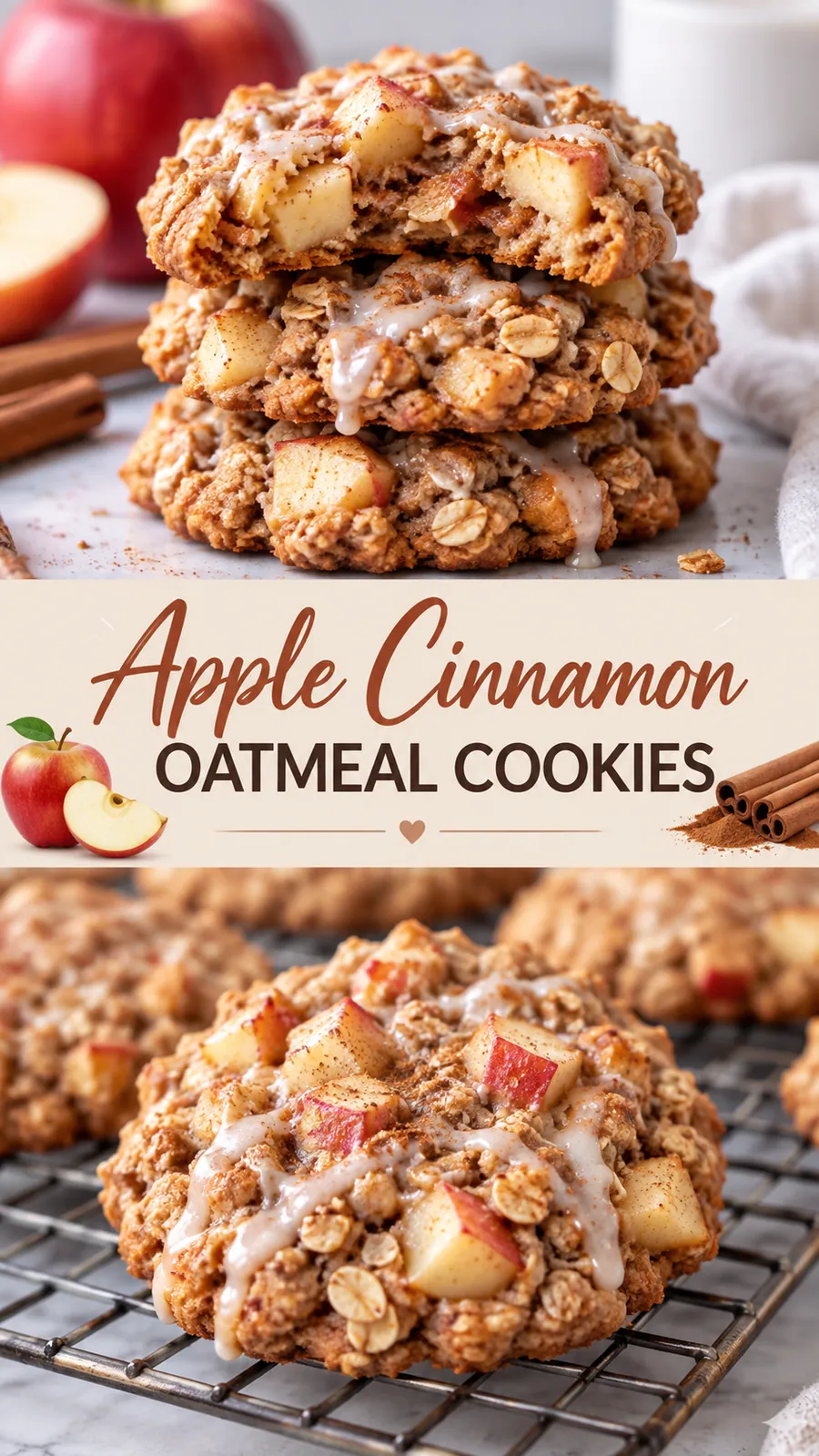 Pinterest image for Apple Cinnamon Oatmeal Cookies, with two photos of the recipe