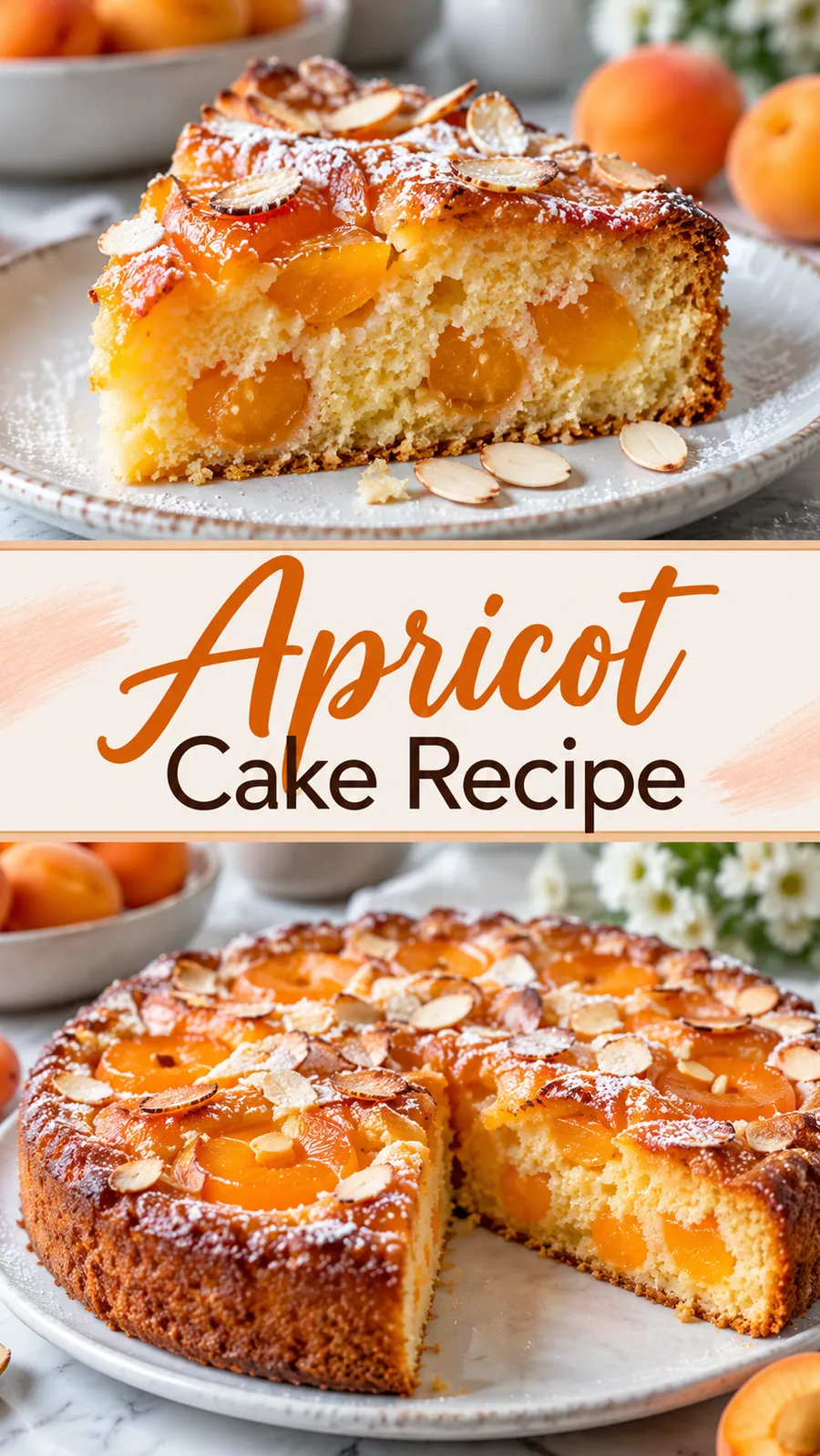 Pinterest image for Apricot Cake Recipe, with two photos of the recipe