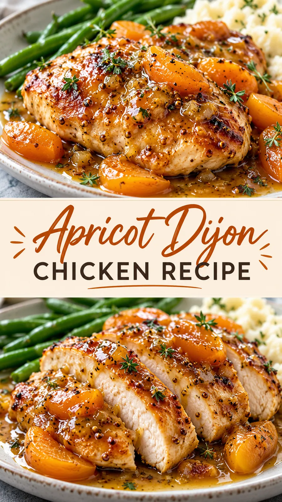 Pinterest image for Apricot Dijon Chicken Recipe, with two photos of the recipe