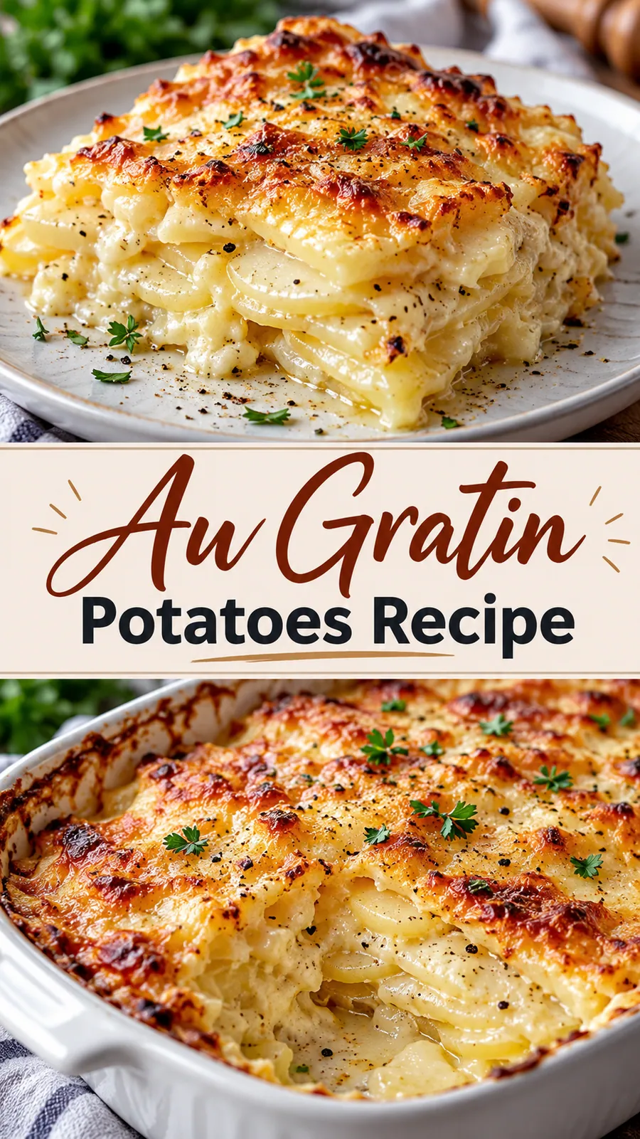 Pinterest image for Au Gratin Potatoes Recipe, with two photos of the recipe