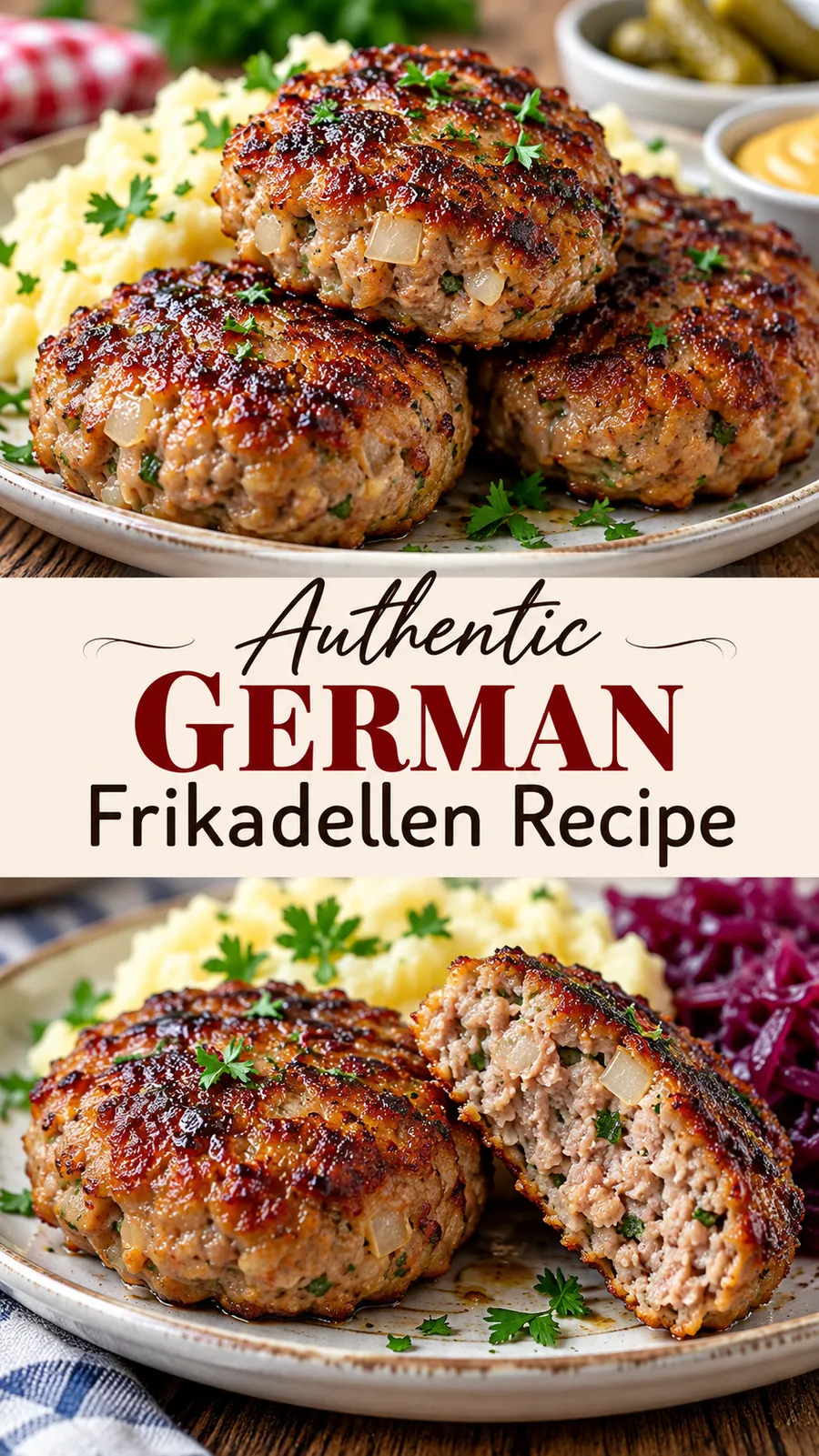 Pinterest image for Authentic German Frikadellen Recipe, with two photos of the recipe