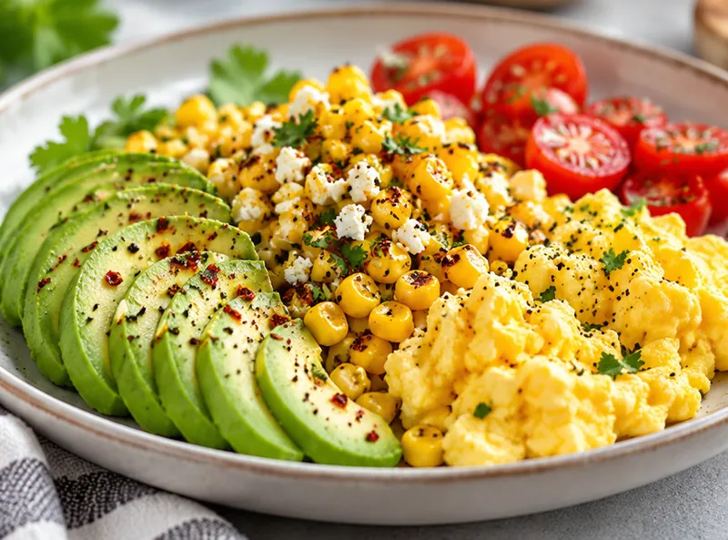 Avocado and Corn Breakfast Plate, ready to serve