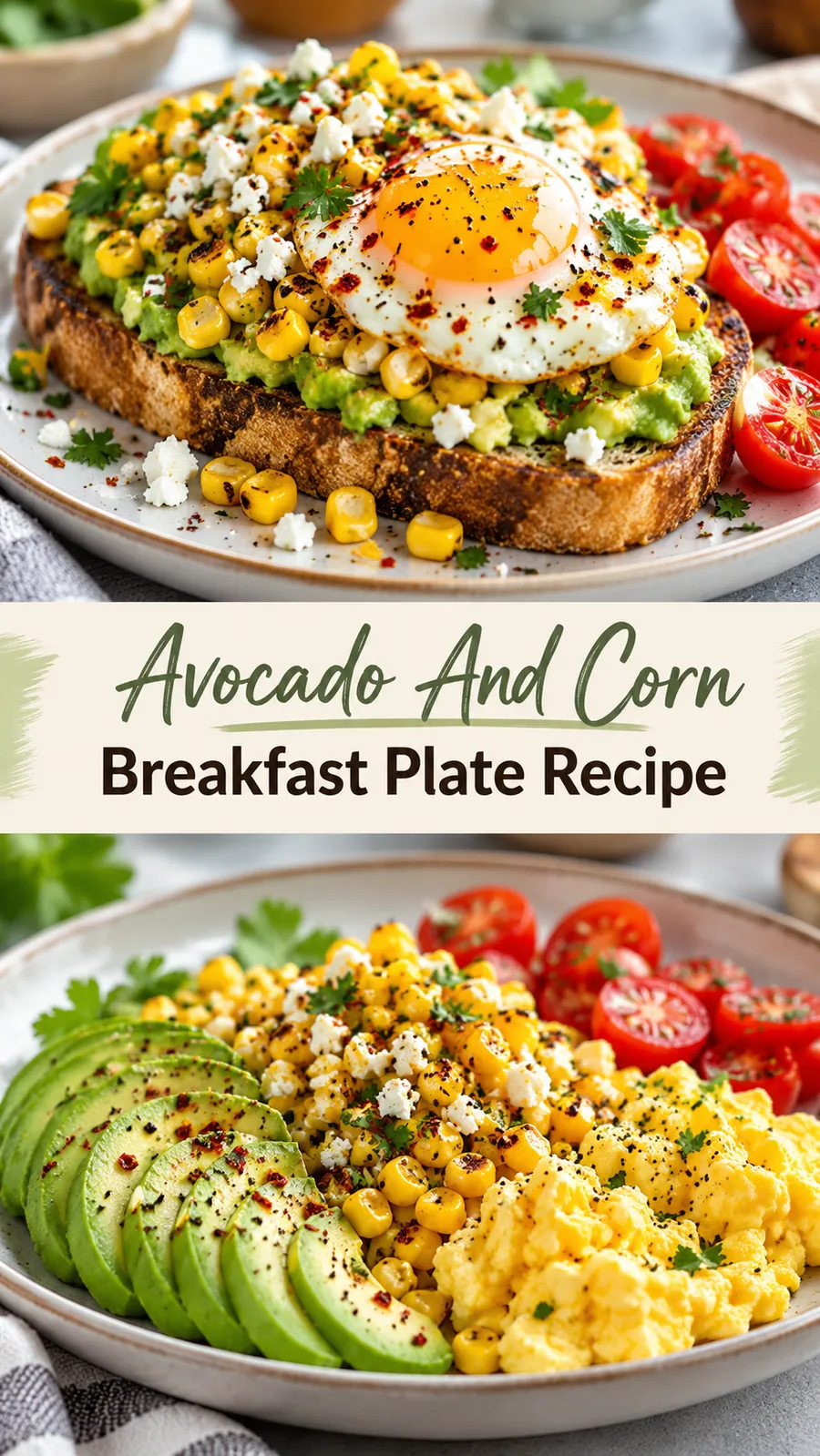 Pinterest image for Avocado And Corn Breakfast Plate Recipe, with two photos of the recipe
