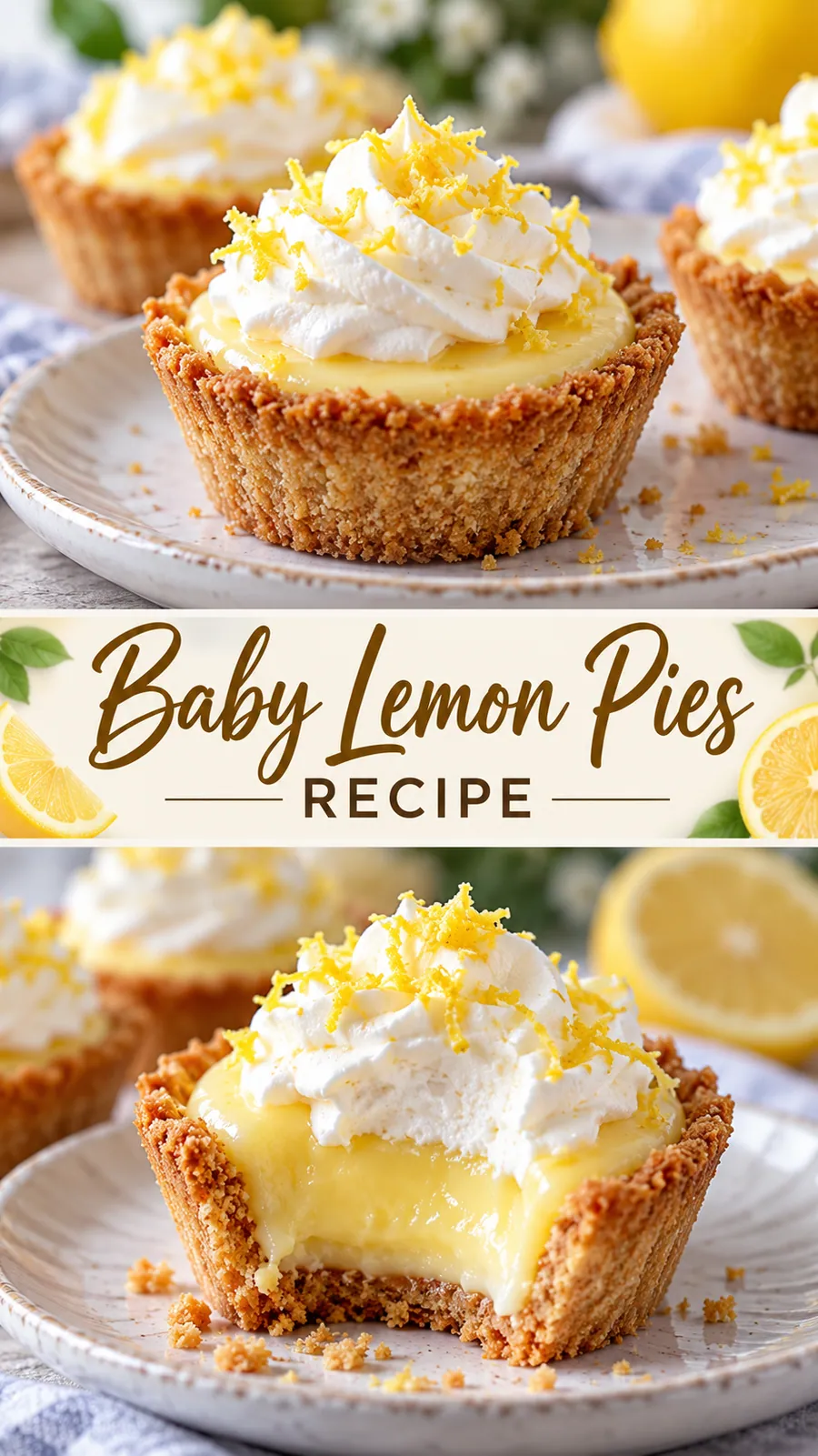 Pinterest image for Baby Lemon Pies Recipe, with two photos of the recipe