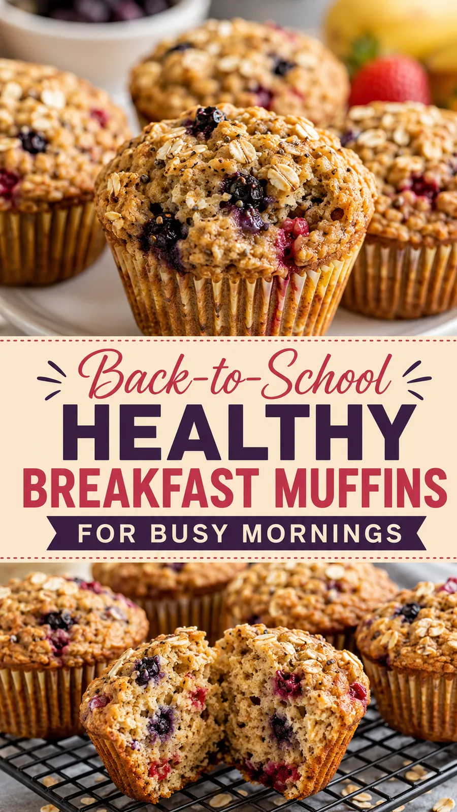 Pinterest image for Back To School Healthy Breakfast Muffins For Busy Mornings, with two photos of the recipe