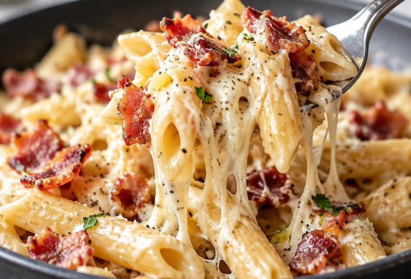 Creamy Bacon Pasta, ready to serve