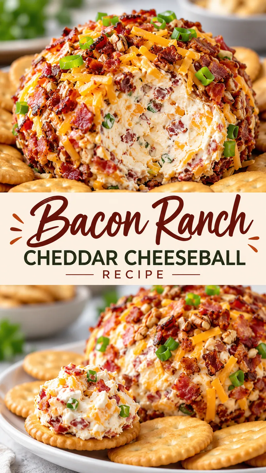 Pinterest image for Bacon Ranch Cheddar Cheeseball Recipe, with two photos of the recipe