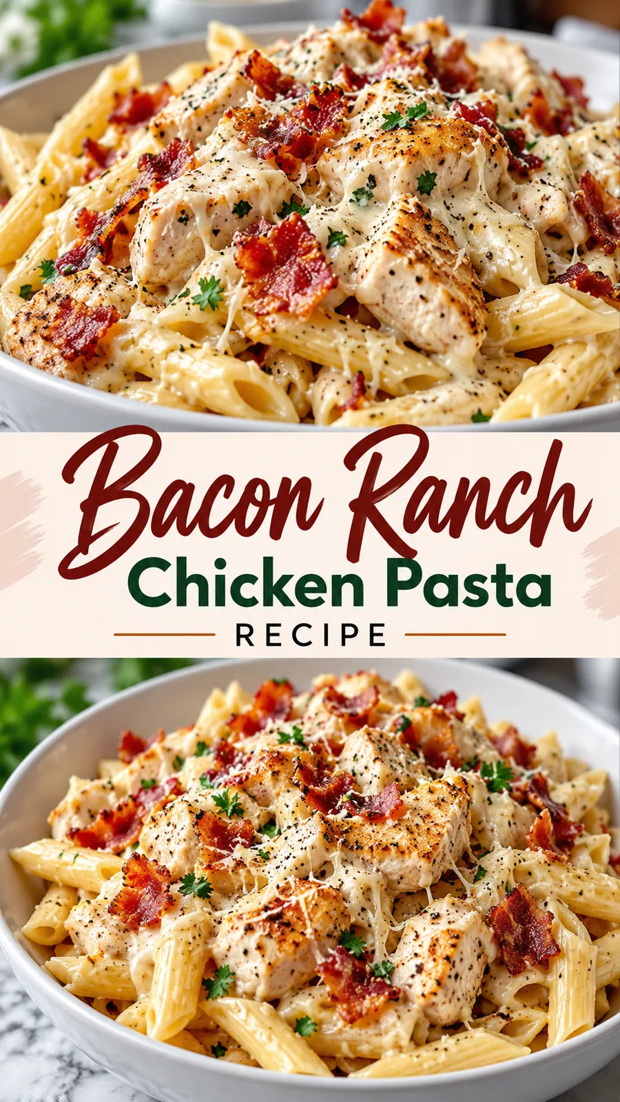Pinterest image for Bacon Ranch Chicken Pasta Recipe, with two photos of the recipe