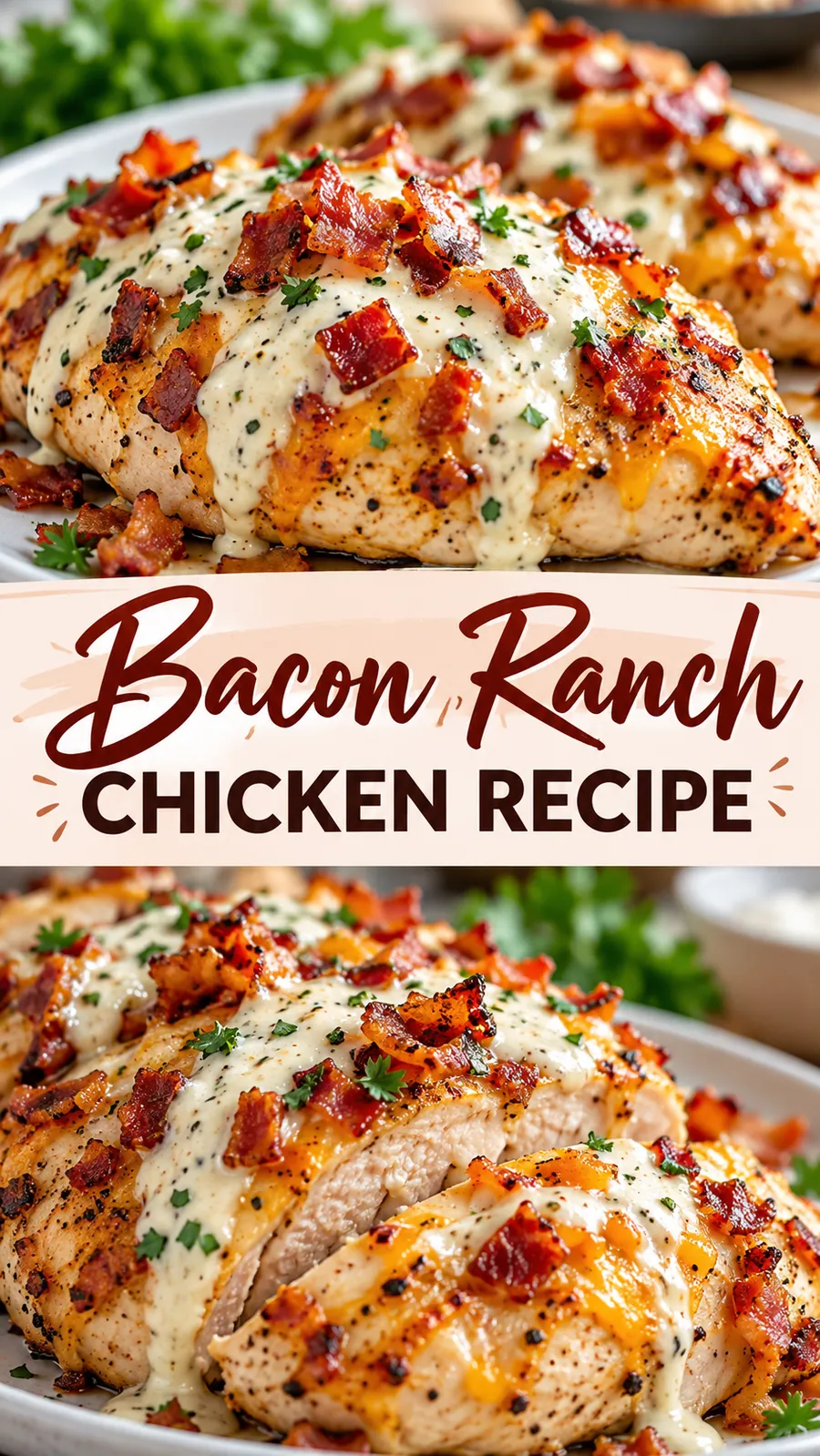 Pinterest image for Bacon Ranch Chicken Recipe, with two photos of the recipe