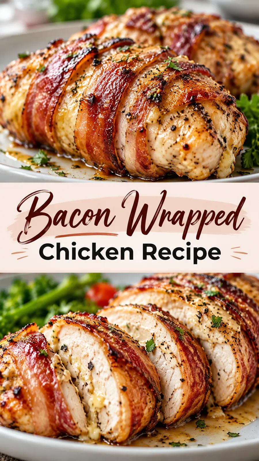 Pinterest image for Bacon Wrapped Chicken Recipe, with two photos of the recipe