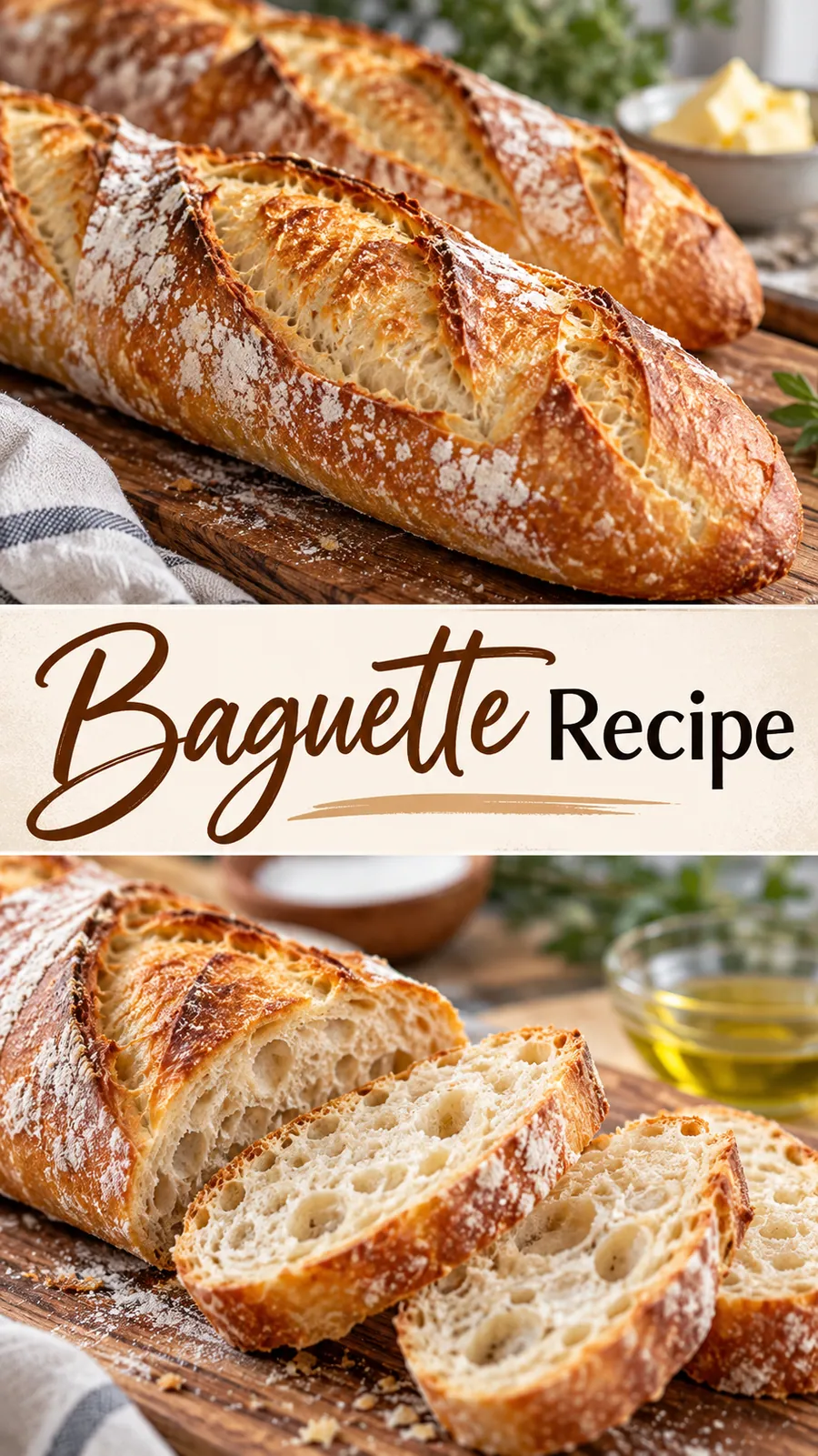 Pinterest image for Baguette Recipe, with two photos of the recipe