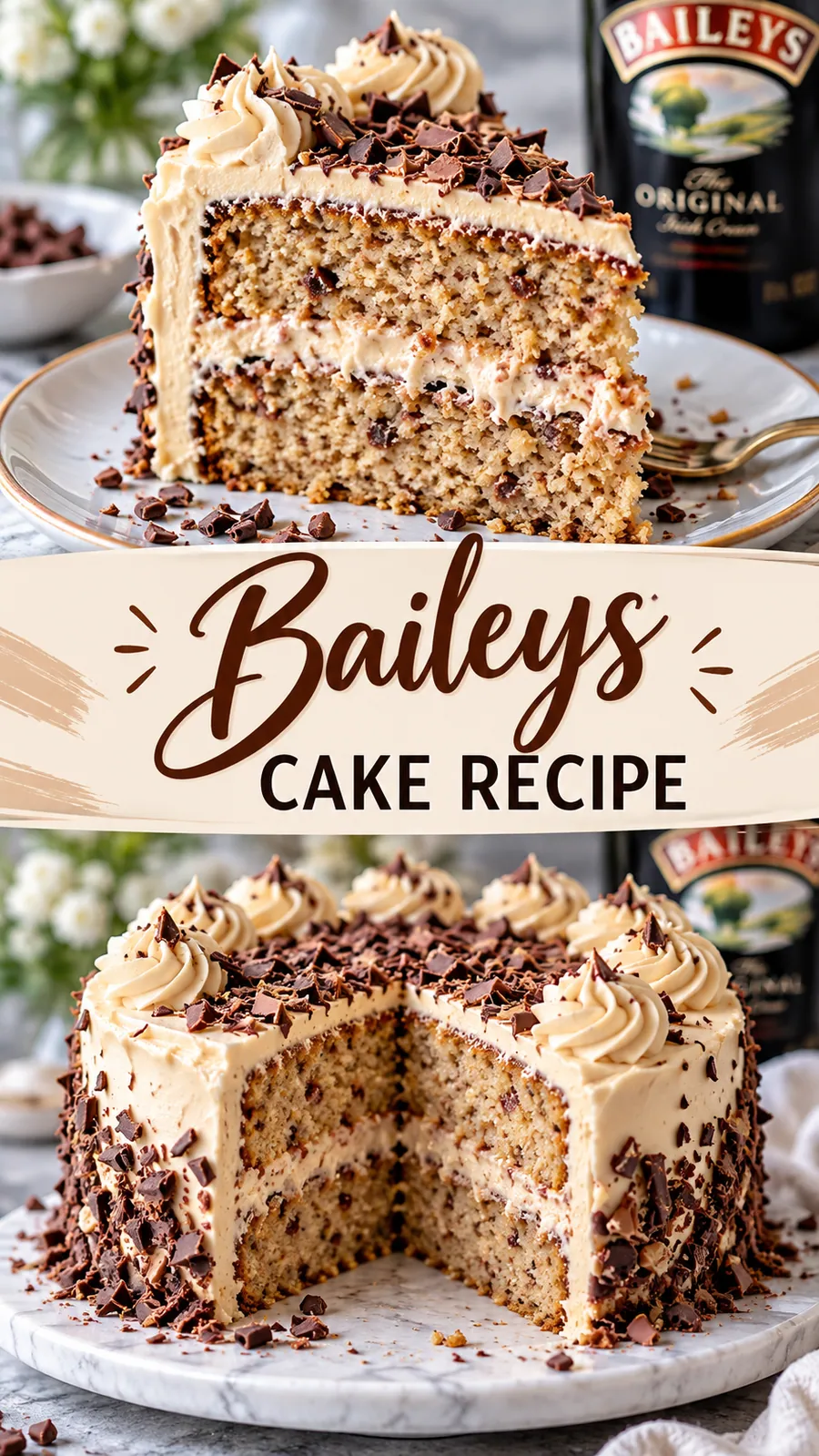 Pinterest image for Baileys Cake Recipe, with two photos of the recipe