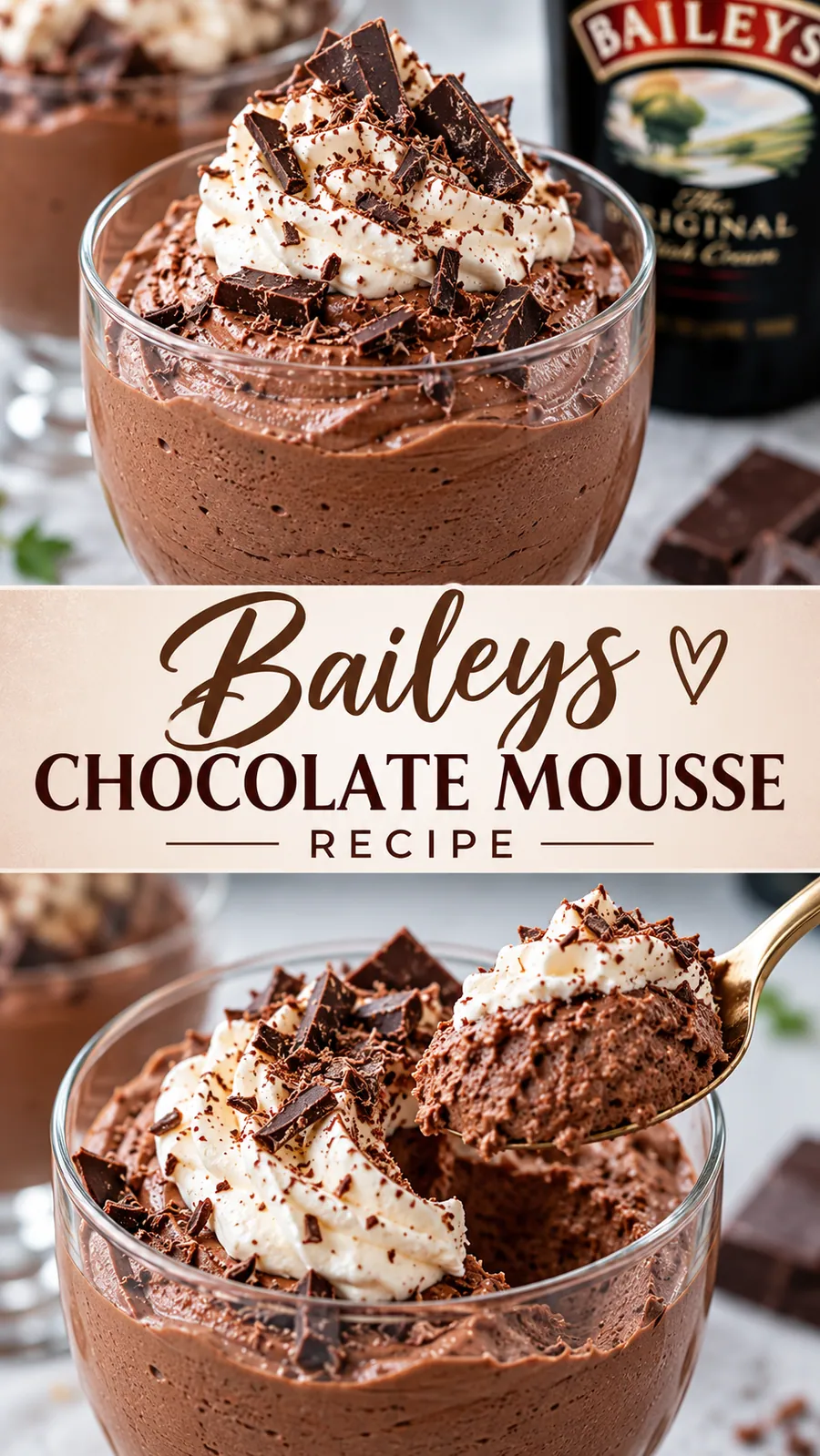Pinterest image for Baileys Chocolate Mousse Recipe, with two photos of the recipe