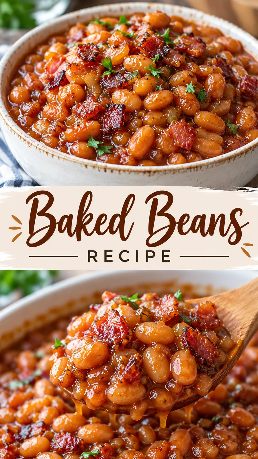 Pinterest image for Baked Beans Recipe, with two photos of the recipe