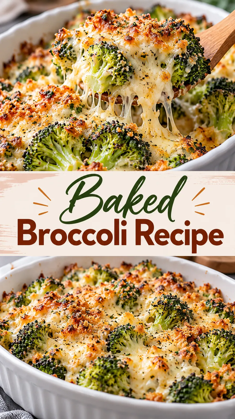 Pinterest image for Baked Broccoli Recipe, with two photos of the recipe