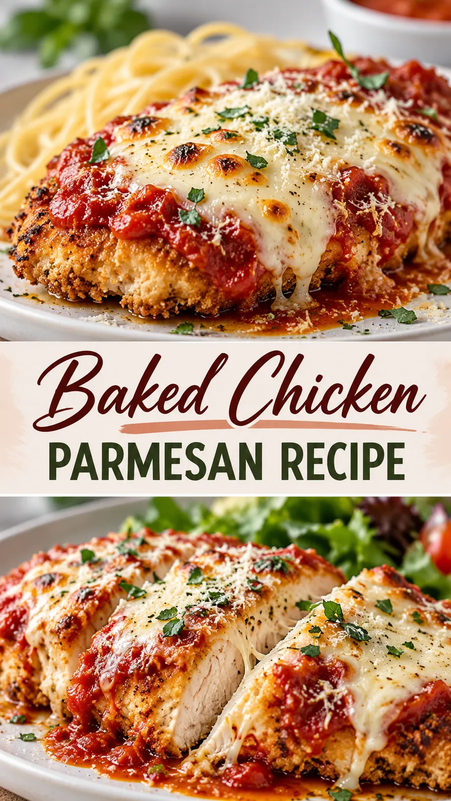 Pinterest image for Baked Chicken Parmesan Recipe, with two photos of the recipe