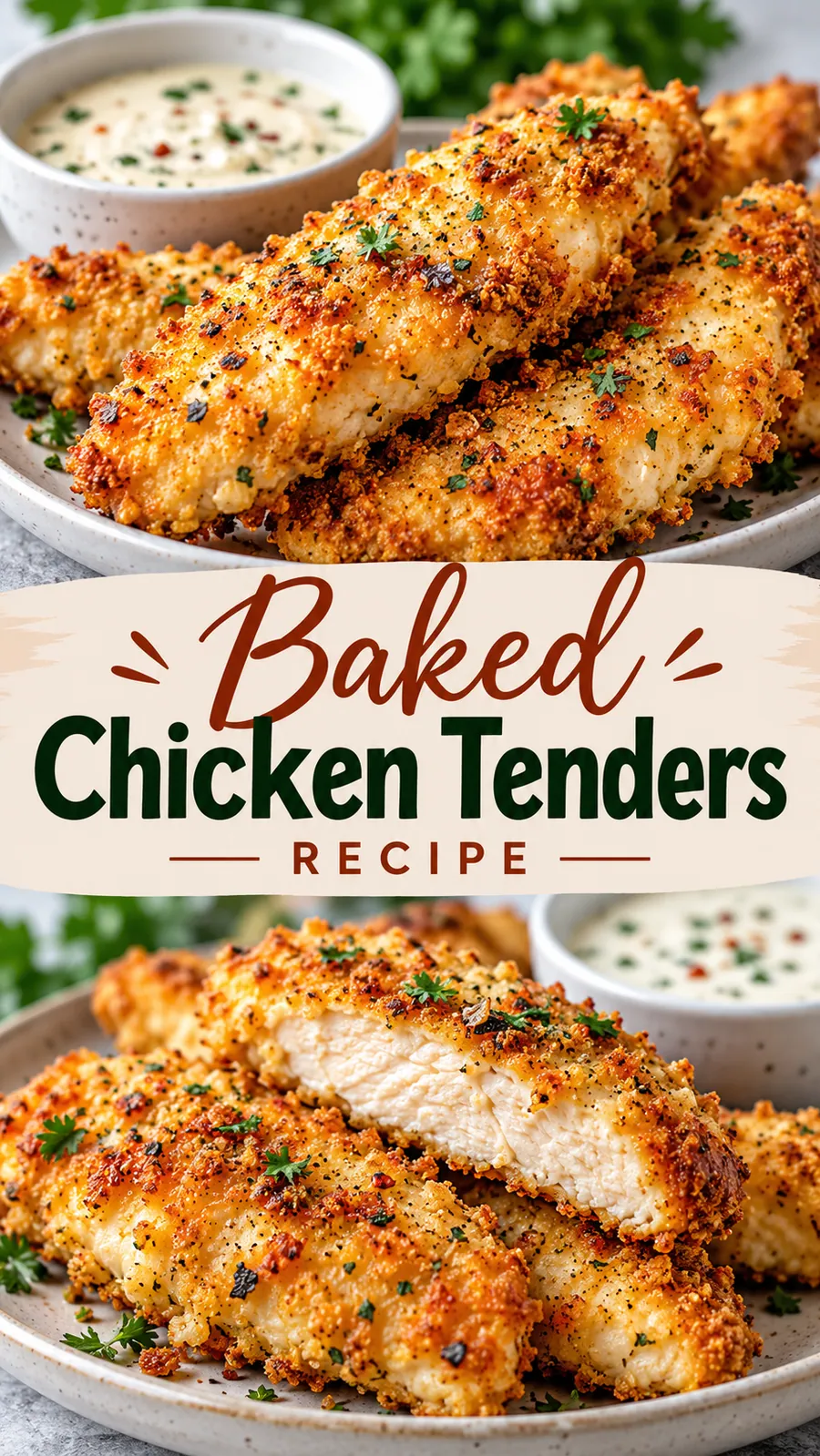 Pinterest image for Baked Chicken Tenders Recipe, with two photos of the recipe