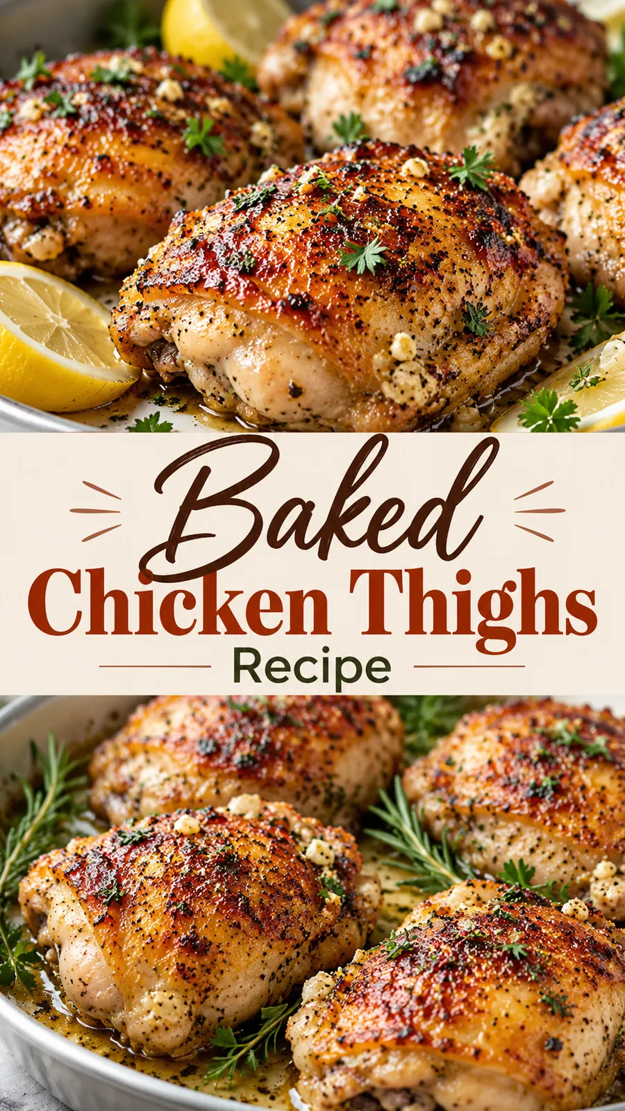 Pinterest image for Baked Chicken Thighs Recipe, with two photos of the recipe