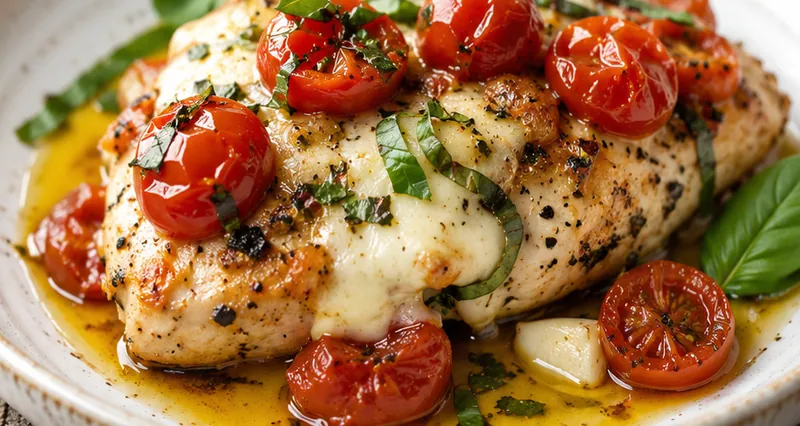 Baked Chicken with Cherry Tomatoes, Garlic & Mozzarella, ready to serve
