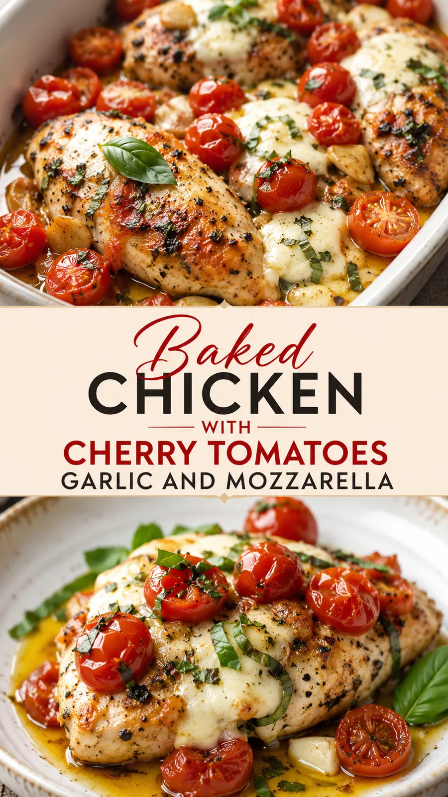 Pinterest image for Baked Chicken With Cherry Tomatoes Garlic And Mozzarella, with two photos of the recipe