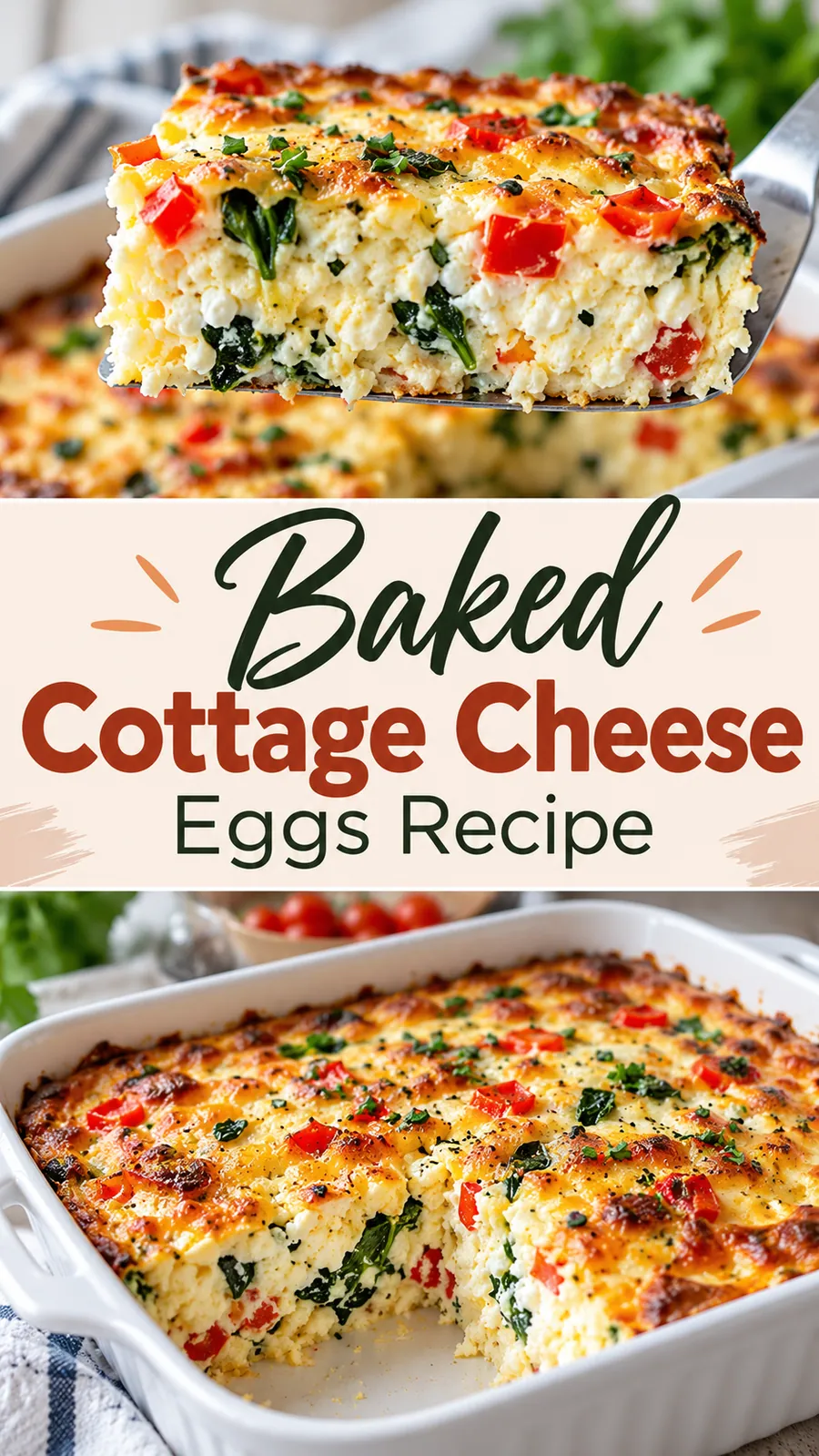 Pinterest image for Baked Cottage Cheese Eggs Recipe, with two photos of the recipe