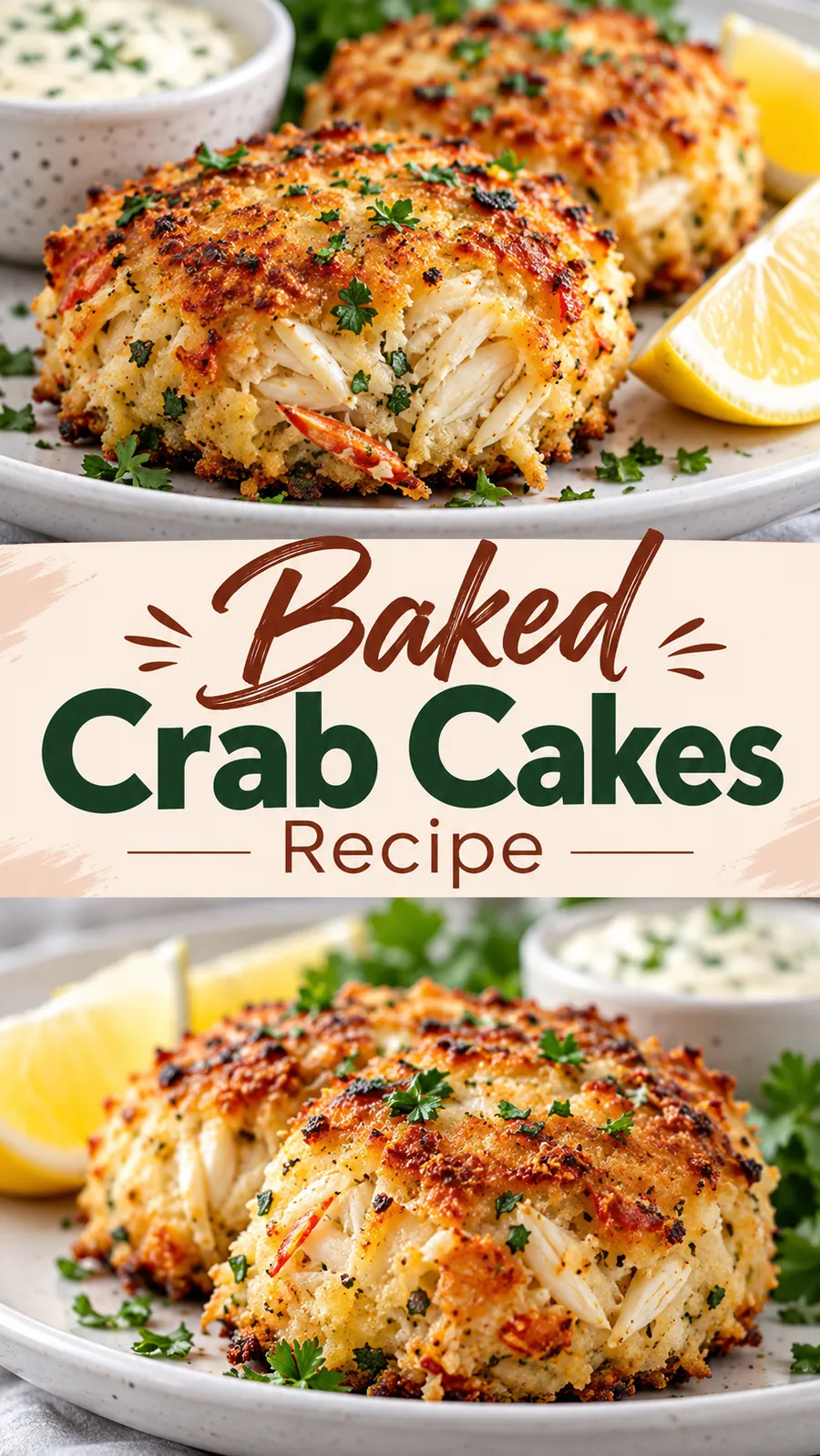 Pinterest image for Baked Crab Cakes Recipe, with two photos of the recipe