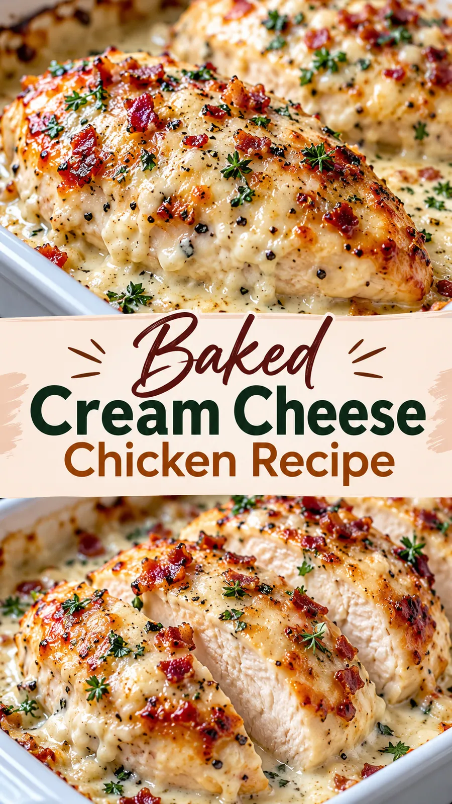 Pinterest image for Baked Cream Cheese Chicken Recipe, with two photos of the recipe