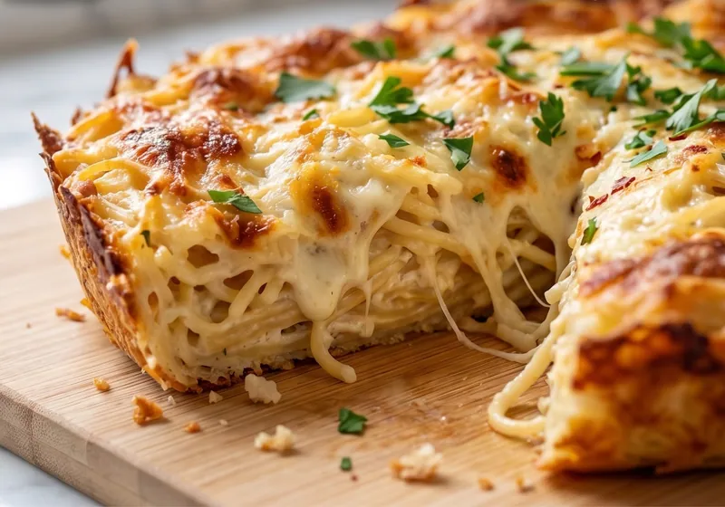 Baked Cream Cheese Spaghetti Casserole, ready to serve