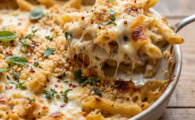 Baked Creamy Pasta with Cheese and Crispy Topping, ready to serve