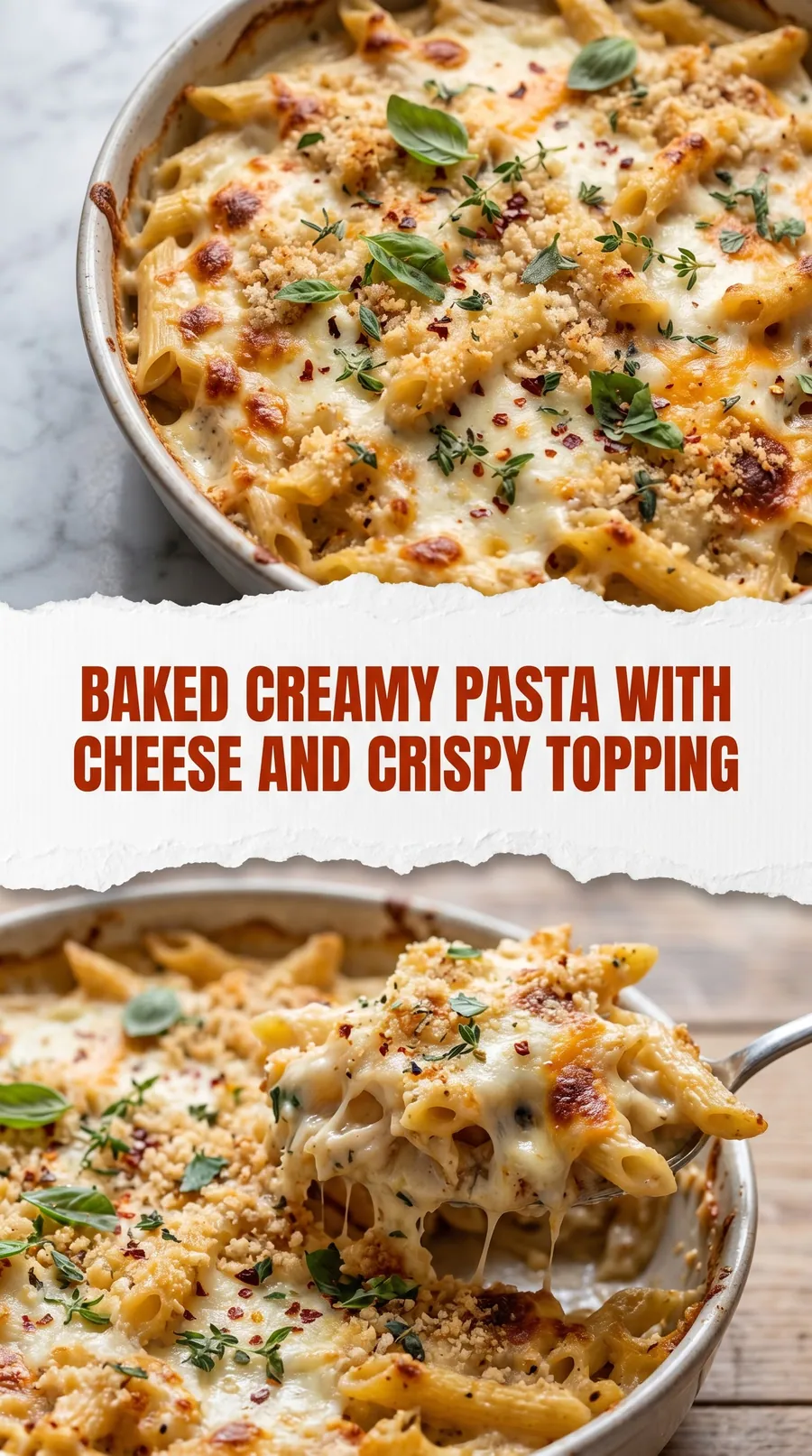 Pinterest image for Baked Creamy Pasta With Cheese And Crispy Topping, with two photos of the recipe