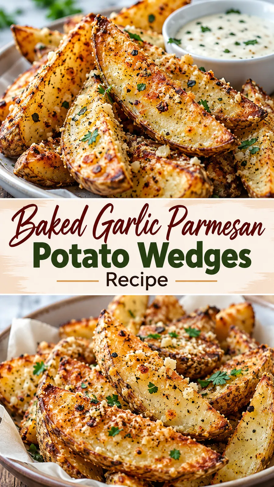 Pinterest image for Baked Garlic Parmesan Potato Wedges Recipe, with two photos of the recipe