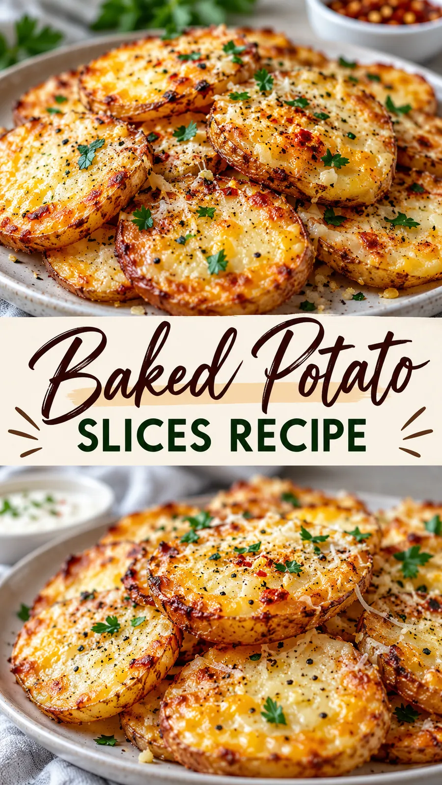 Pinterest image for Baked Potato Slices Recipe, with two photos of the recipe