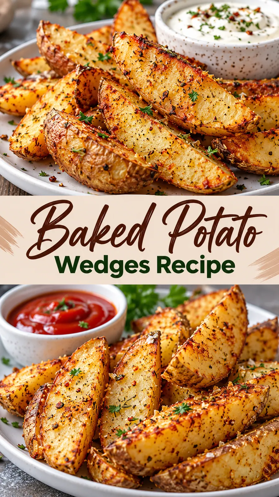 Pinterest image for Baked Potato Wedges Recipe, with two photos of the recipe